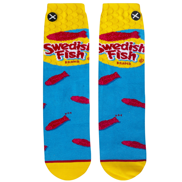 Flat lay product shot of a pair of Swedish Fish socks, showcasing the full design.