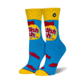 Pair of crew socks showcasing a Swedish Fish candy design. Blue background with red fish and yellow cuffs, featuring the Swedish Fish logo.