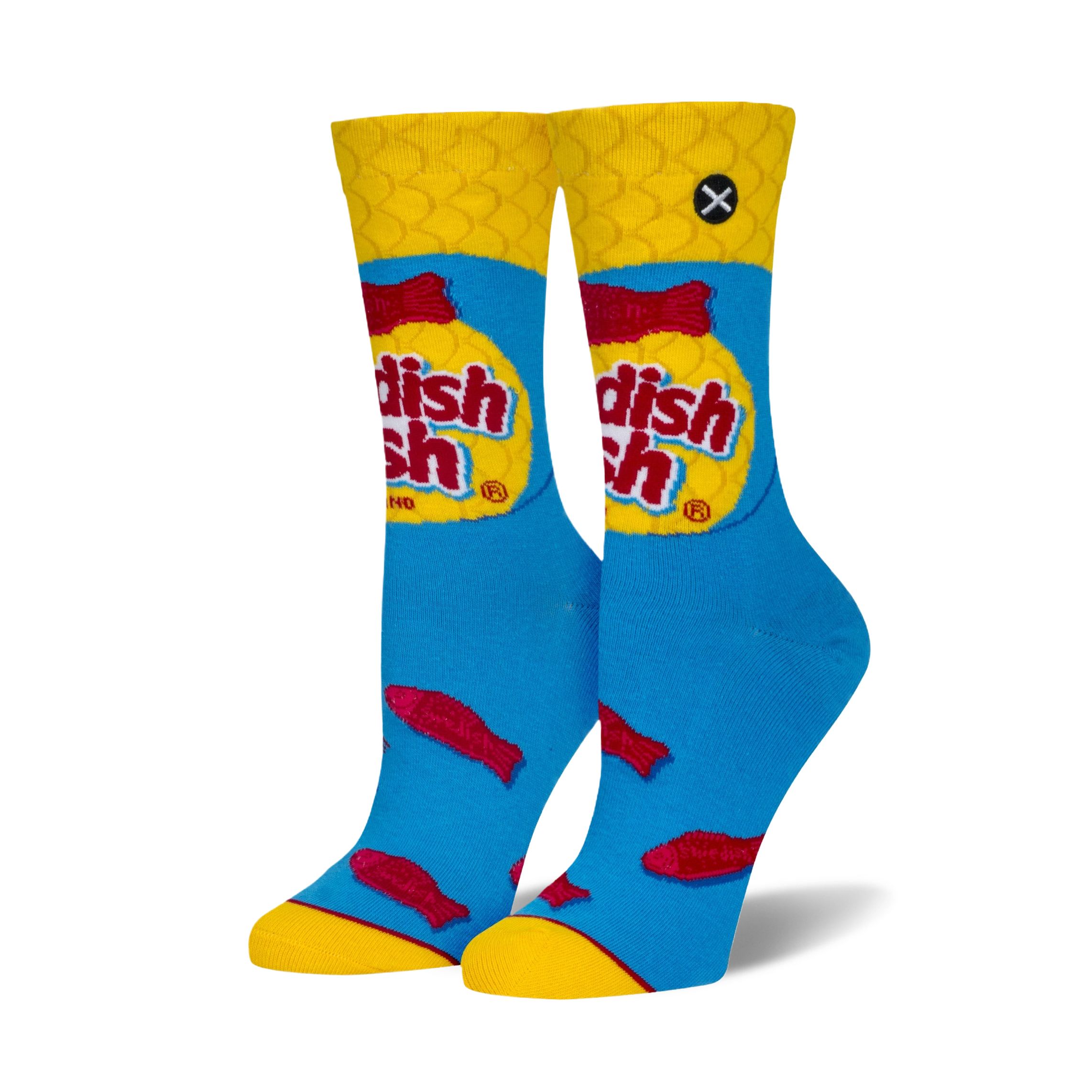 Pair of crew socks showcasing a Swedish Fish candy design. Blue background with red fish and yellow cuffs, featuring the Swedish Fish logo.