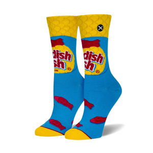 Pair of crew socks showcasing a Swedish Fish candy design. Blue background with red fish and yellow cuffs, featuring the Swedish Fish logo.