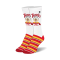 Pair of crew socks with Tapatio hot sauce branding. White background with red and yellow stripes at the bottom and Tapatio logo featuring the man in a sombrero.