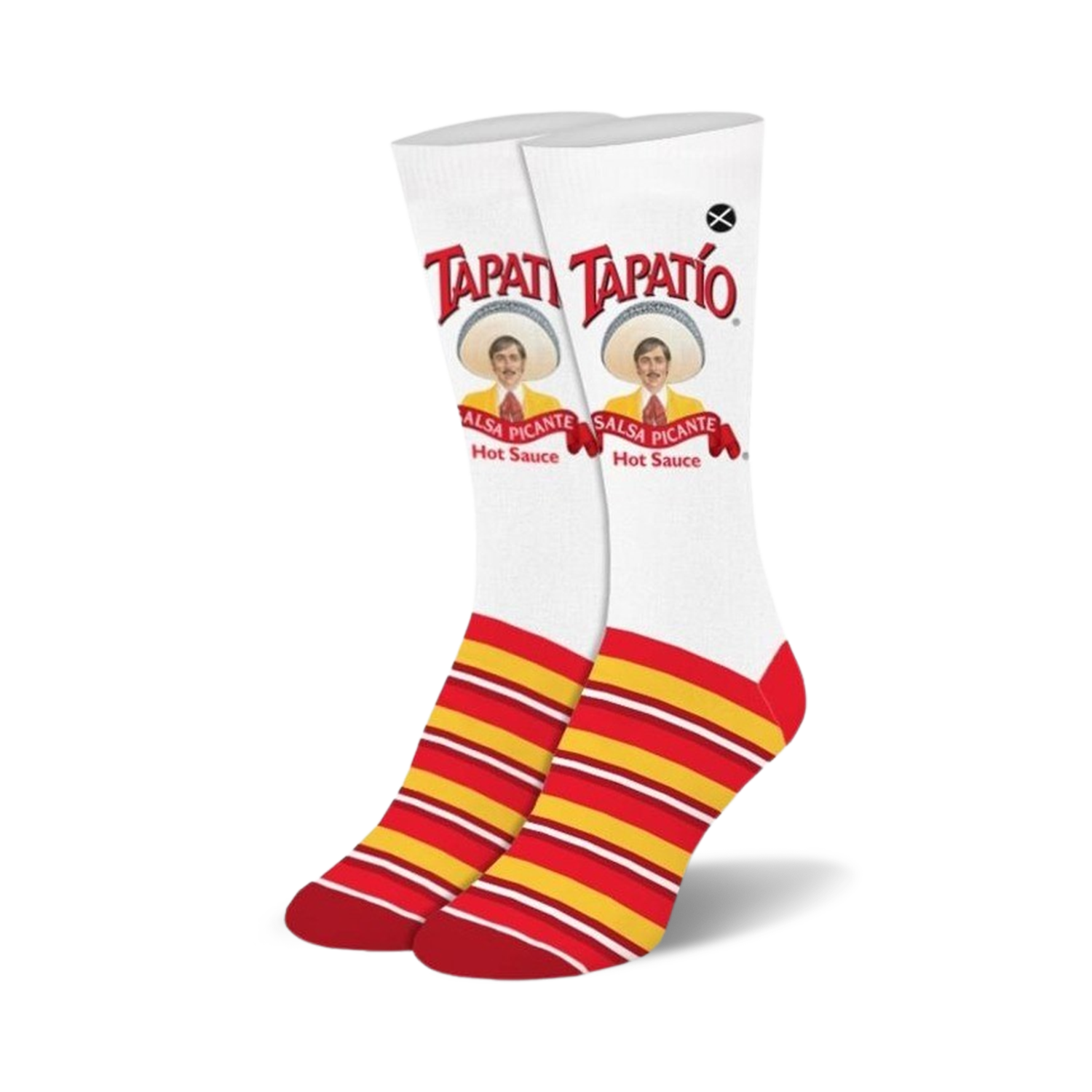 Pair of crew socks with Tapatio hot sauce branding. White background with red and yellow stripes at the bottom and Tapatio logo featuring the man in a sombrero.
