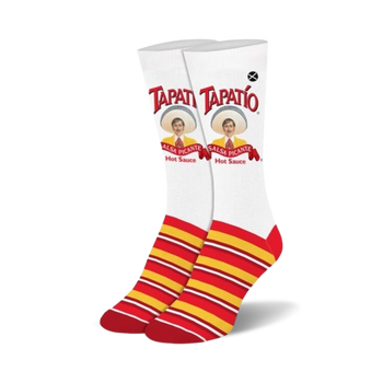 womens tapatio hot sauce themed crew socks in red, yellow, and white  