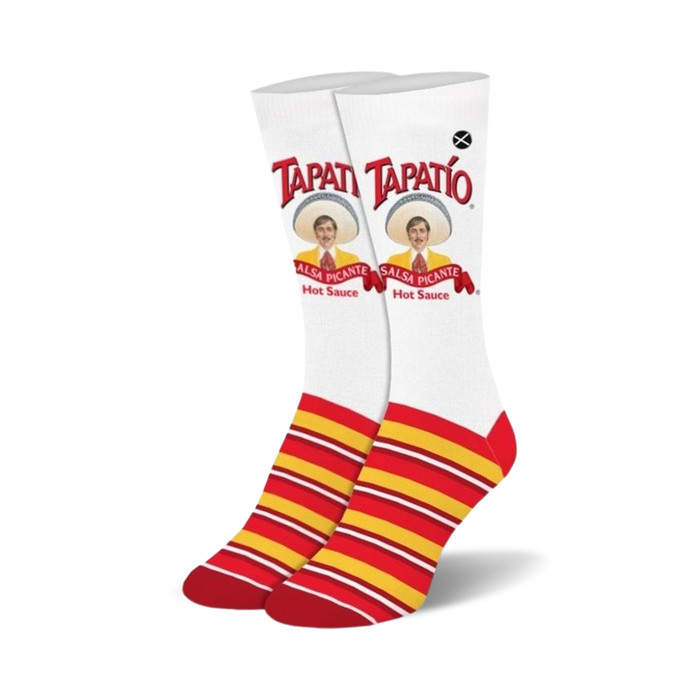 womens tapatio hot sauce themed crew socks in red, yellow, and white   }}