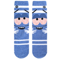 Flatlay image showing the Towelie socks from above.  The blue color and white stripes are clearly visible, as is the face design.