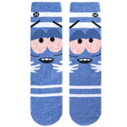 Flatlay image showing the Towelie socks from above.  The blue color and white stripes are clearly visible, as is the face design.