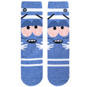 Flatlay image showing the Towelie socks from above.  The blue color and white stripes are clearly visible, as is the face design.