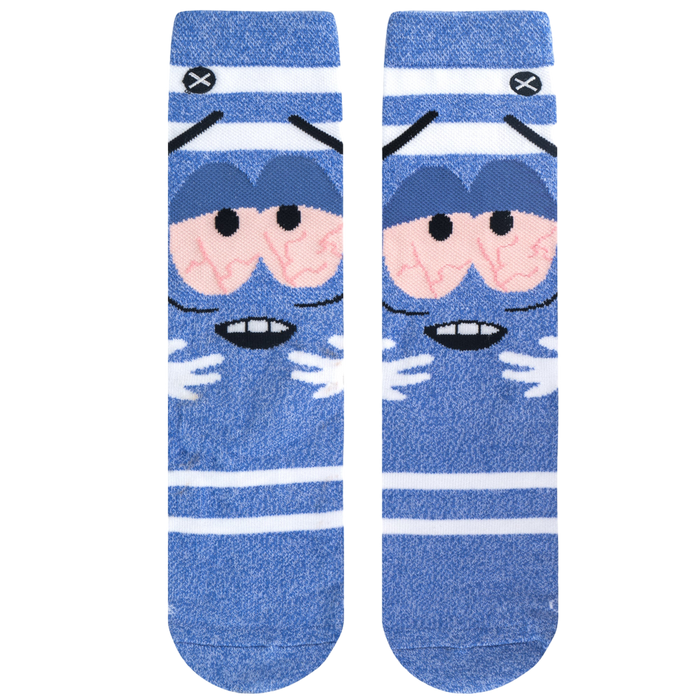 Flatlay image showing the Towelie socks from above.  The blue color and white stripes are clearly visible, as is the face design.