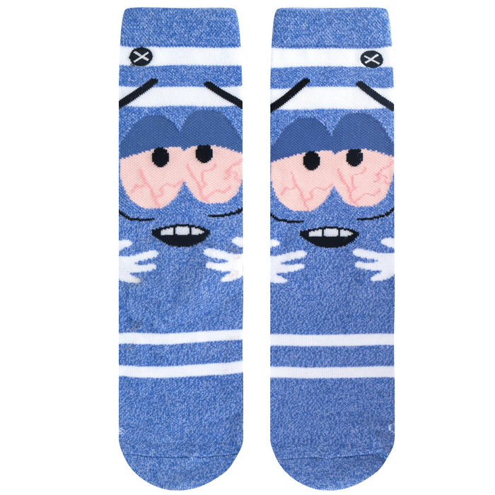 Flatlay image showing the Towelie socks from above.  The blue color and white stripes are clearly visible, as is the face design.