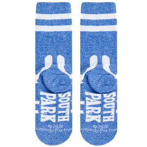 Detailed close-up of the Towelie socks' heel, showing the 'Towlie' text in white lettering on a blue background.