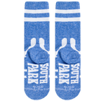 Detailed close-up of the Towelie socks' heel, showing the 'Towlie' text in white lettering on a blue background.
