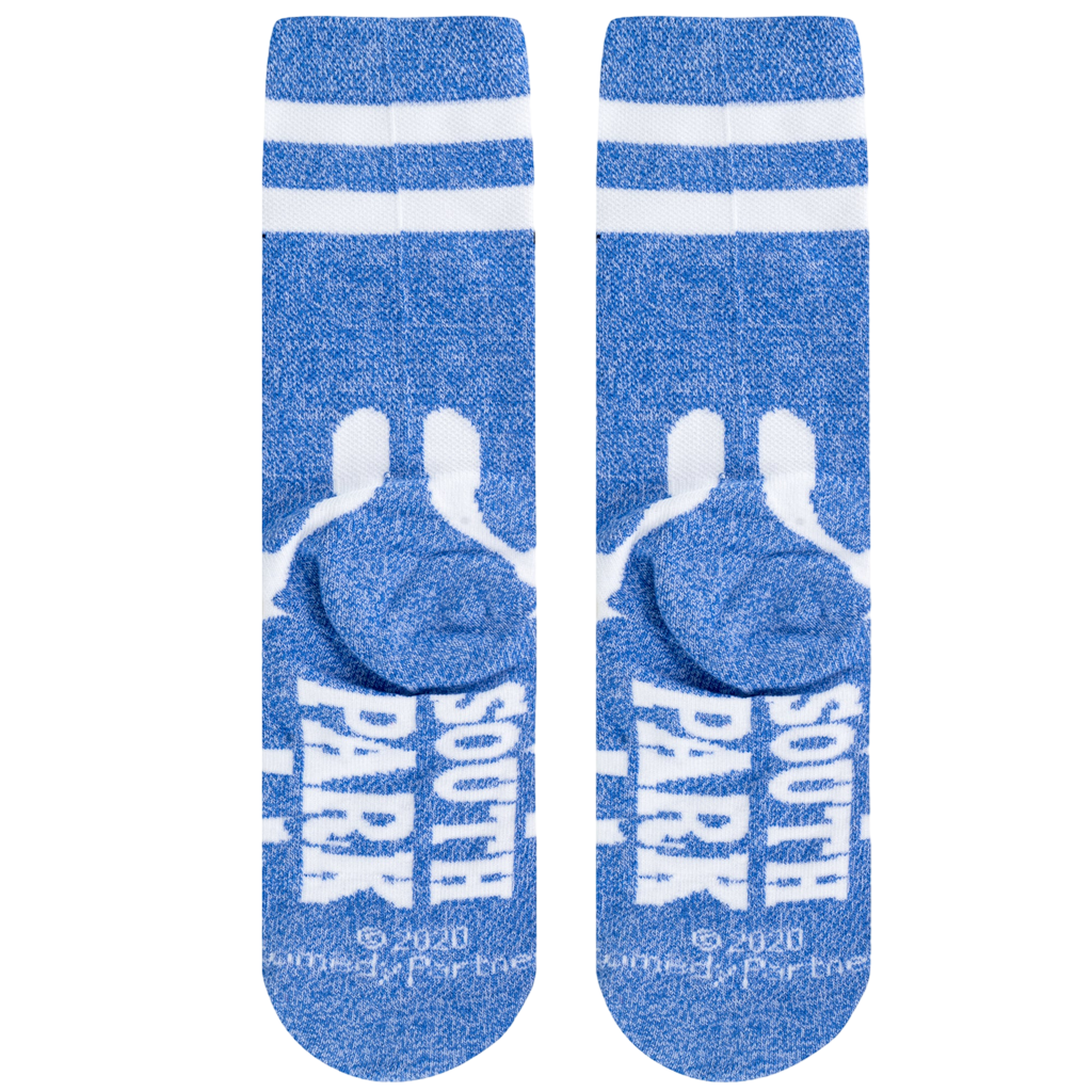 Detailed close-up of the Towelie socks' heel, showing the 'Towlie' text in white lettering on a blue background.