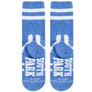 Detailed close-up of the Towelie socks' heel, showing the 'Towlie' text in white lettering on a blue background.