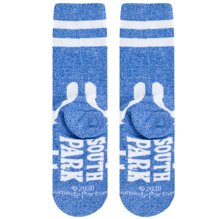 Detailed close-up of the Towelie socks' heel, showing the 'Towlie' text in white lettering on a blue background.