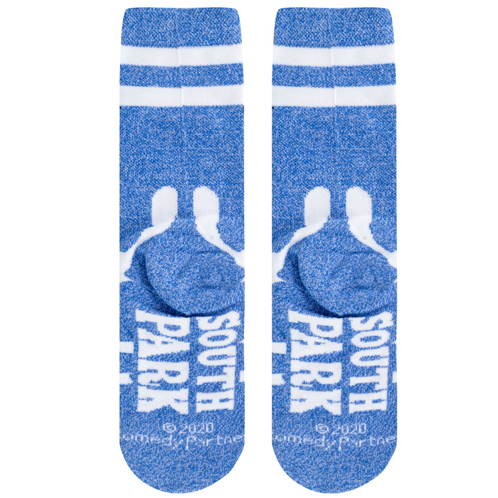 Detailed close-up of the Towelie socks' heel, showing the 'Towlie' text in white lettering on a blue background.
