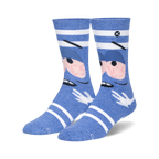 Pair of blue crew socks with a South Park Towelie design. The socks feature a cartoon face with red eyes and white stripes.