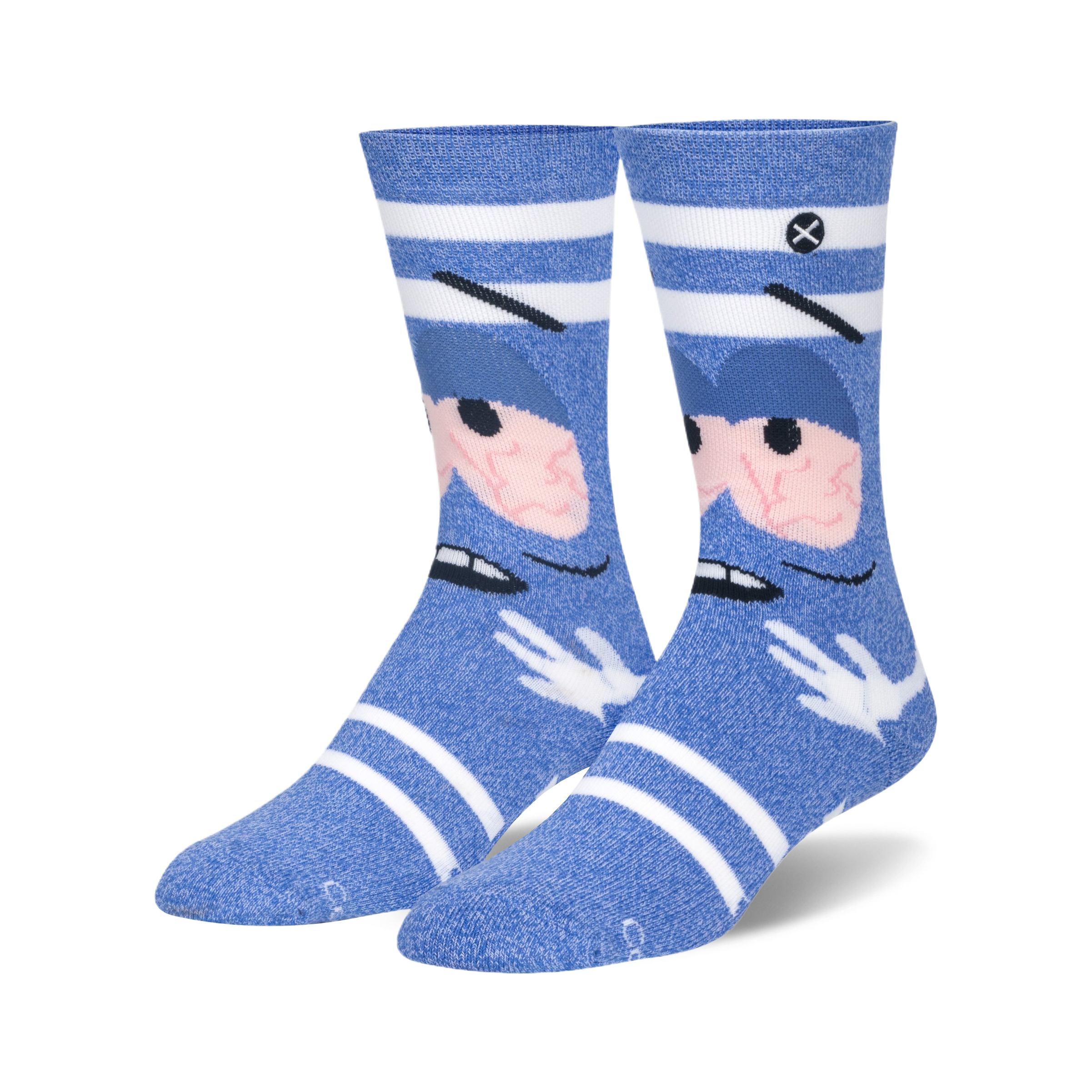 Pair of blue crew socks with a South Park Towelie design. The socks feature a cartoon face with red eyes and white stripes.