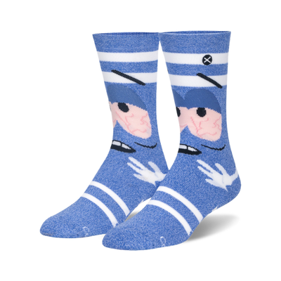 Pair of blue heathered crew socks with Towelie's face, bloodshot eyes, and white hands. White stripes visible.
