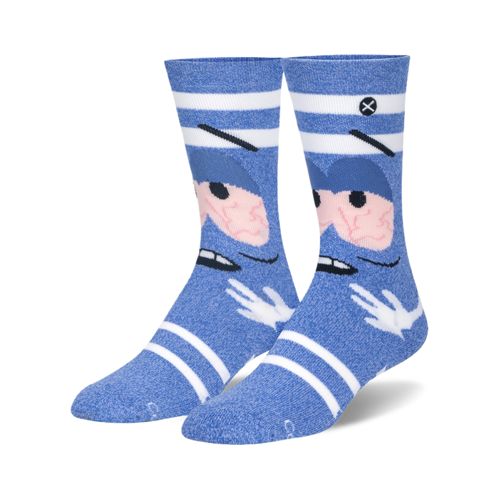 Pair of blue crew socks with a South Park Towelie design. The socks feature a cartoon face with red eyes and white stripes.