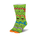 Crew socks in bright green with repeating Teenage Mutant Ninja Turtle faces in their signature colors: red, orange, blue, and purple.