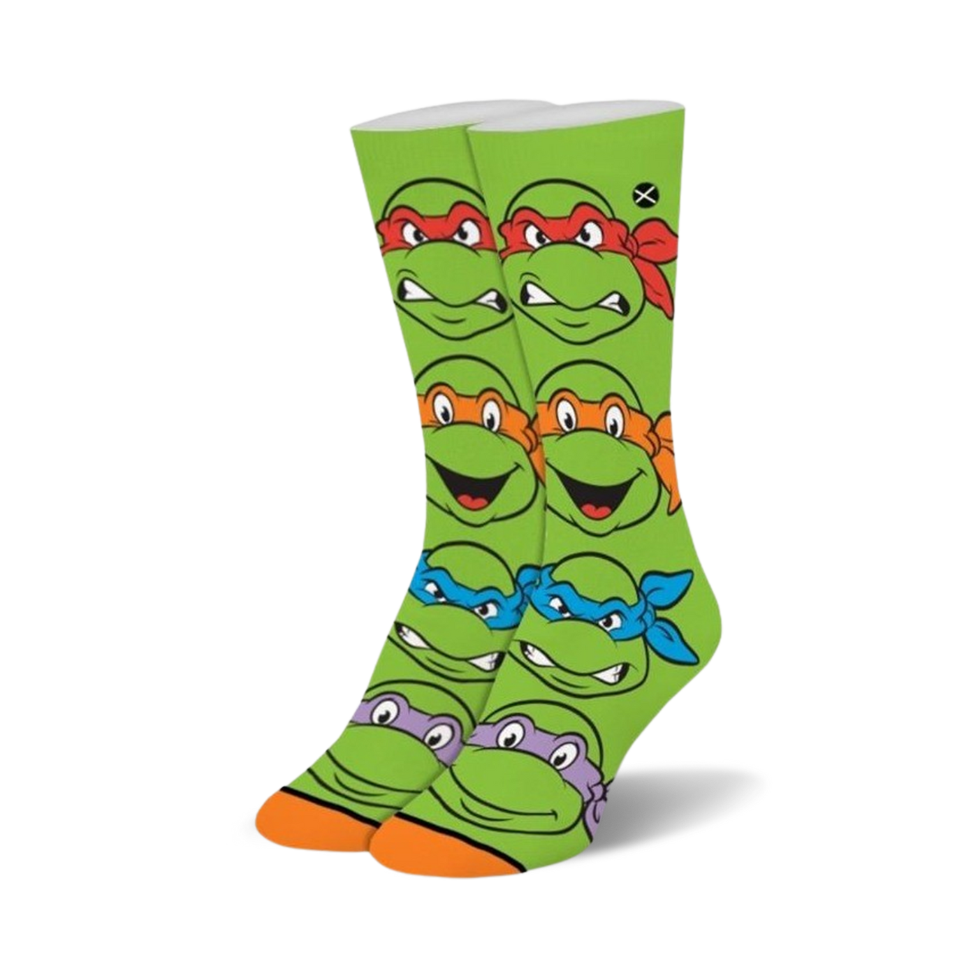 Crew socks in bright green with repeating Teenage Mutant Ninja Turtle faces in their signature colors: red, orange, blue, and purple.