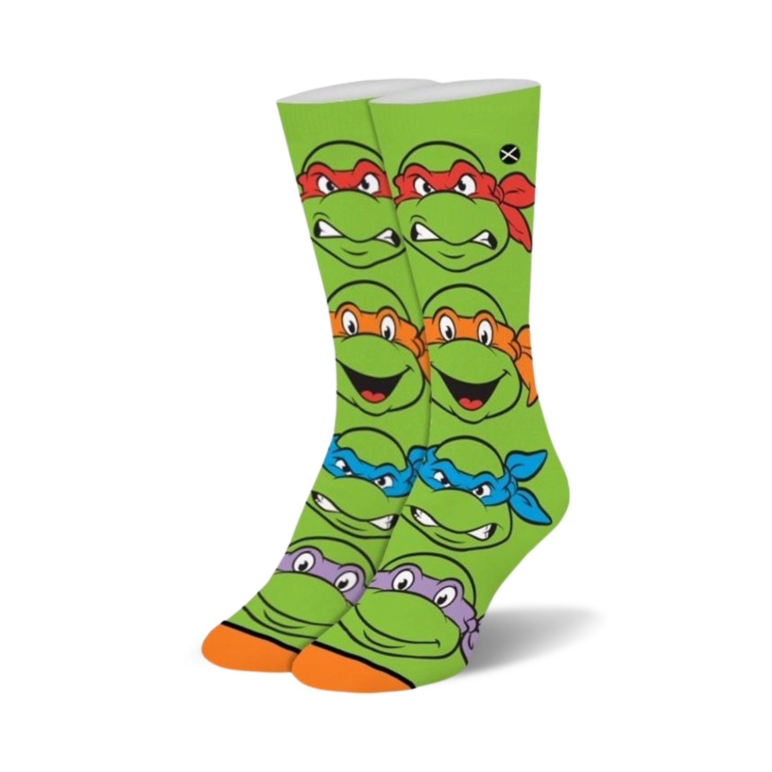 Crew socks in bright green with repeating Teenage Mutant Ninja Turtle faces in their signature colors: red, orange, blue, and purple.