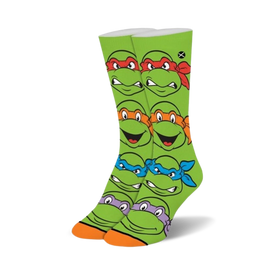 green crew socks with faces of teenage mutant ninja turtles. cotton blend material. ribbed cuff.  