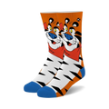 Pair of crew socks featuring Tony the Tiger from Frosted Flakes cereal.  The socks are predominantly white with orange tiger stripes, and Tony's face is prominently displayed.