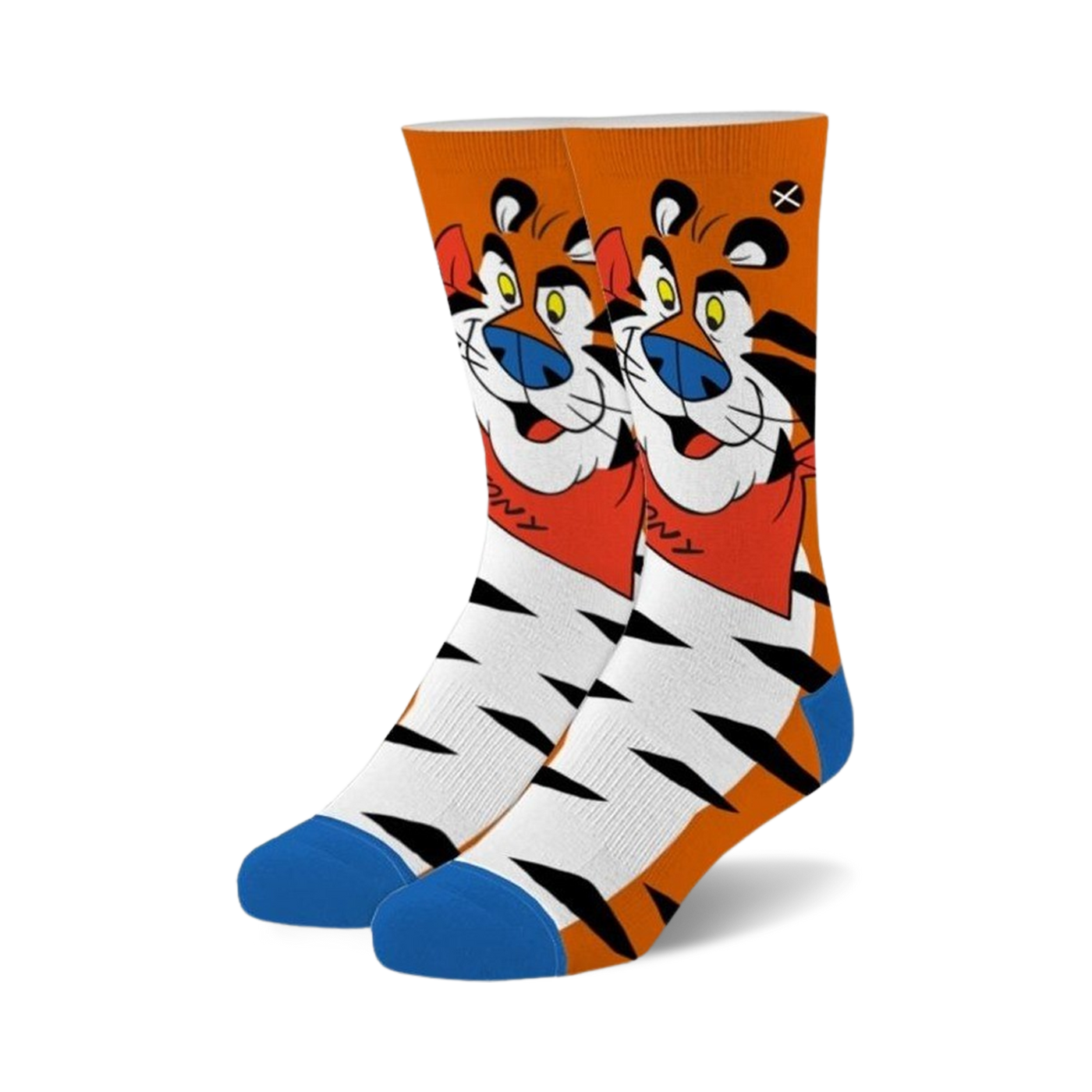 Pair of crew socks featuring Tony the Tiger from Frosted Flakes cereal.  The socks are predominantly white with orange tiger stripes, and Tony's face is prominently displayed.