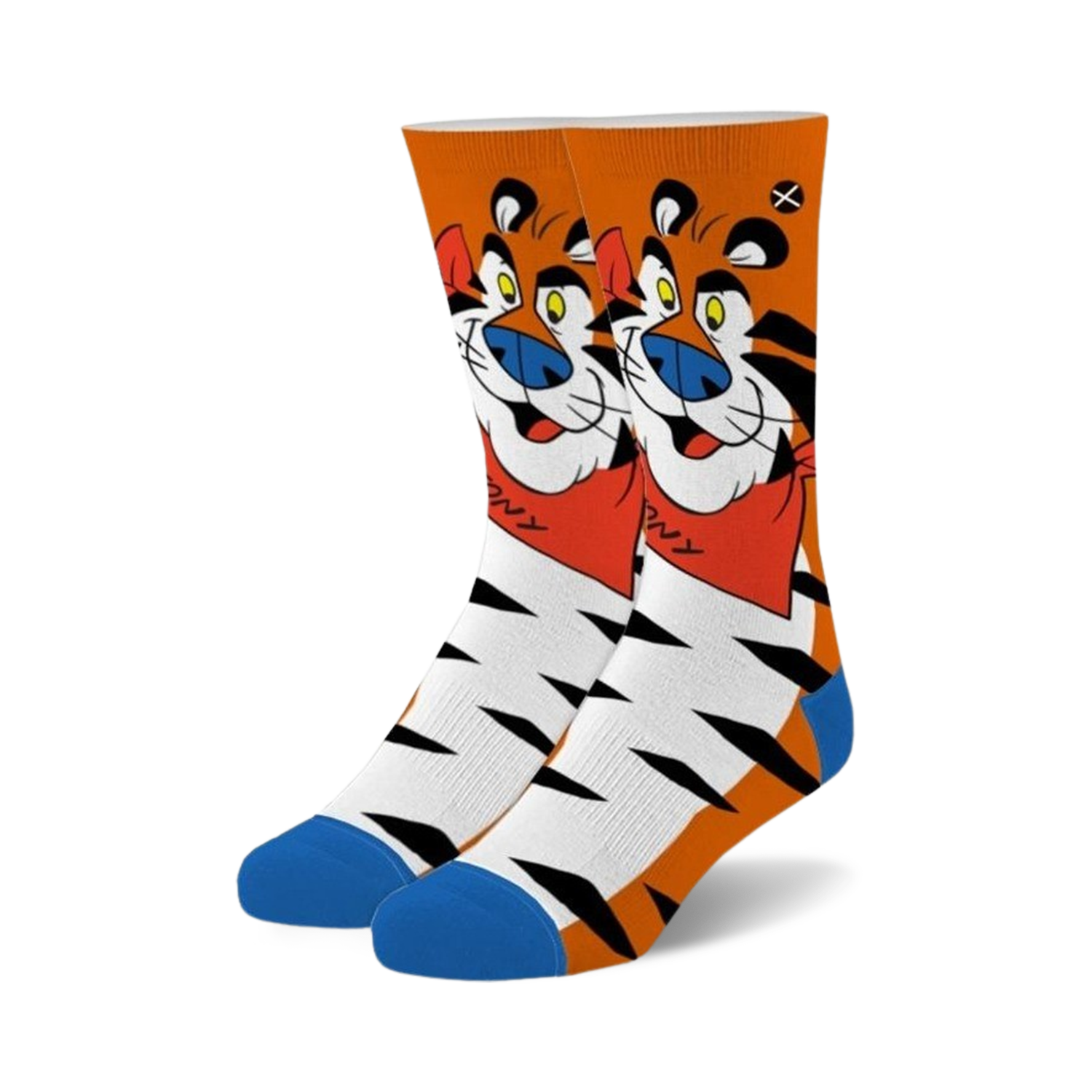 Pair of crew socks featuring Tony the Tiger from Frosted Flakes cereal.  The socks are predominantly white with orange tiger stripes, and Tony's face is prominently displayed.