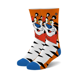 orange and white crew socks for kids. cartoon tiger with red bandana pattern. blue toe and heel   