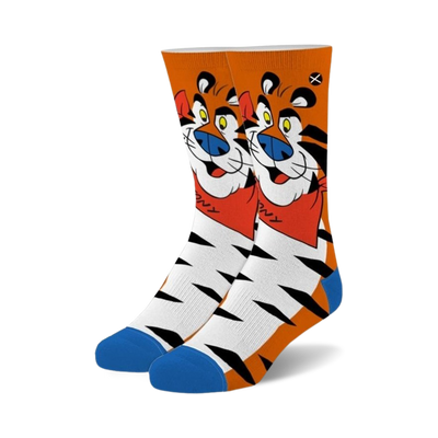 orange and white crew socks for kids. cartoon tiger with red bandana pattern. blue toe and heel   