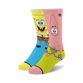 Pair of crew socks featuring Spongebob Squarepants and Patrick Star. Yellow, pink, and light blue are the main colors.