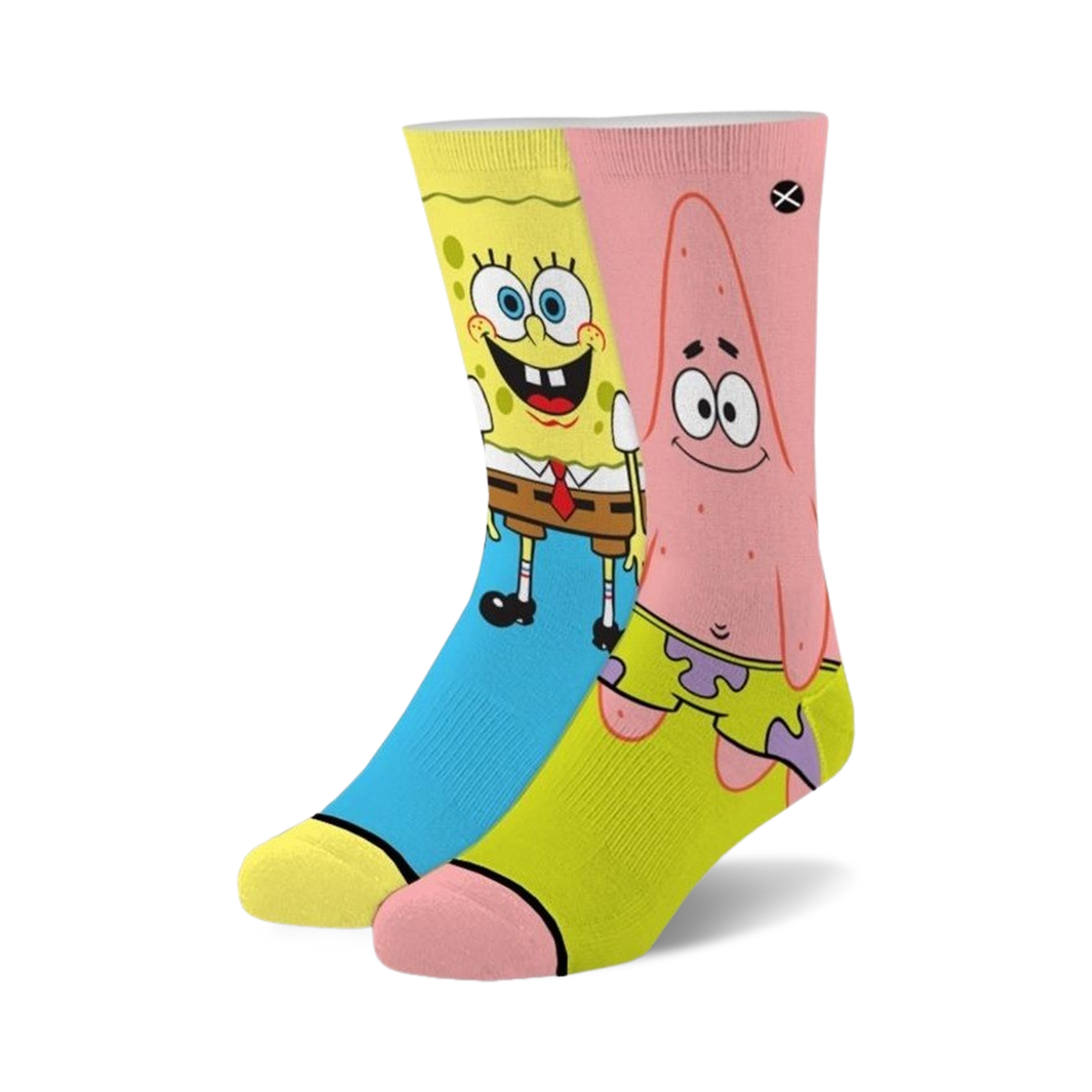 Pair of crew socks featuring Spongebob Squarepants and Patrick Star. Yellow, pink, and light blue are the main colors.