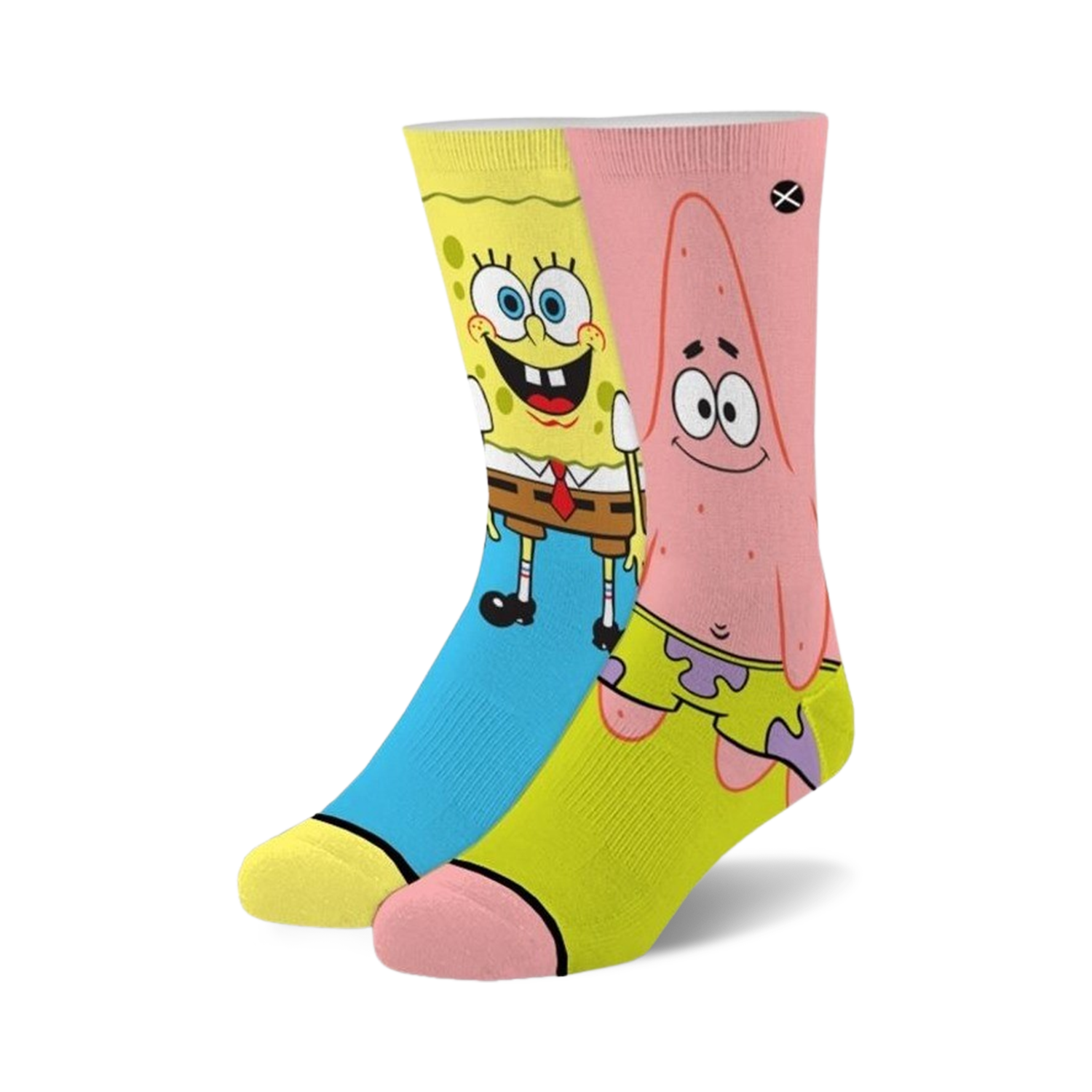 Pair of crew socks featuring Spongebob Squarepants and Patrick Star. Yellow, pink, and light blue are the main colors.