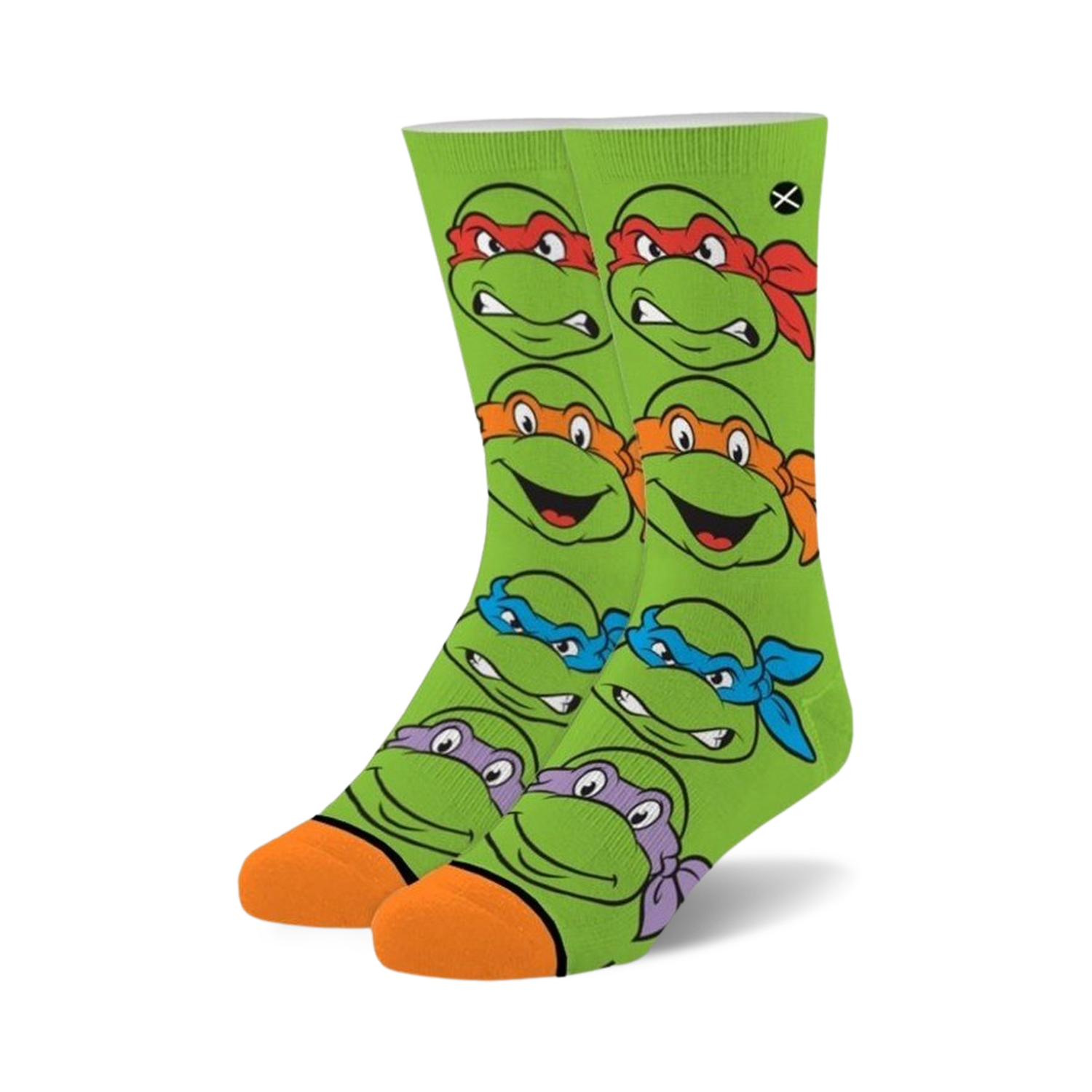 Crew socks in bright green featuring the faces of all four Teenage Mutant Ninja Turtles. Orange and purple accents around the turtle's mask.