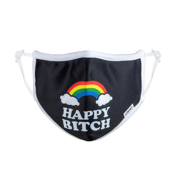 sassy black and white crew socks with a rainbow graphic and the word "happy bitch" written below it.   