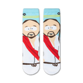 Close-up product shot of a pair of South Park Jesus socks, showcasing the detailed print and colors.