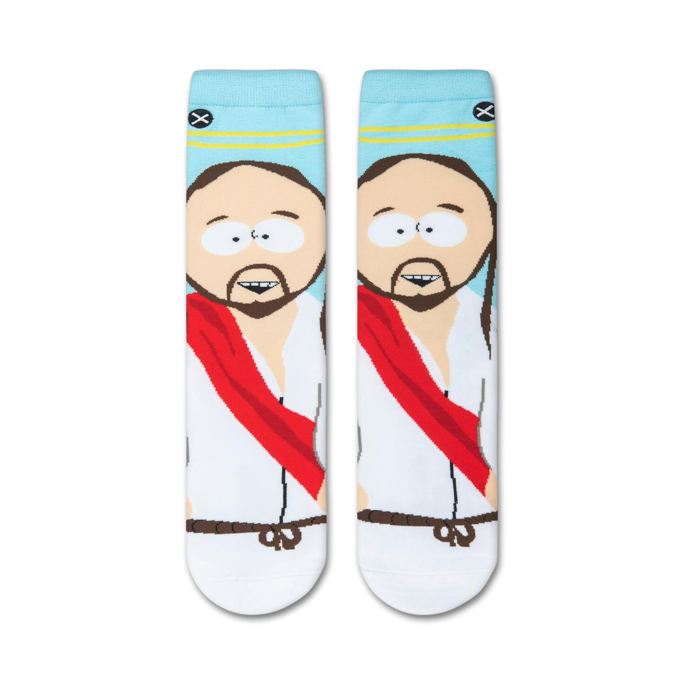Close-up product shot of a pair of South Park Jesus socks, showcasing the detailed print and colors.