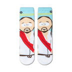 Close-up product shot of a pair of South Park Jesus socks, showcasing the detailed print and colors.
