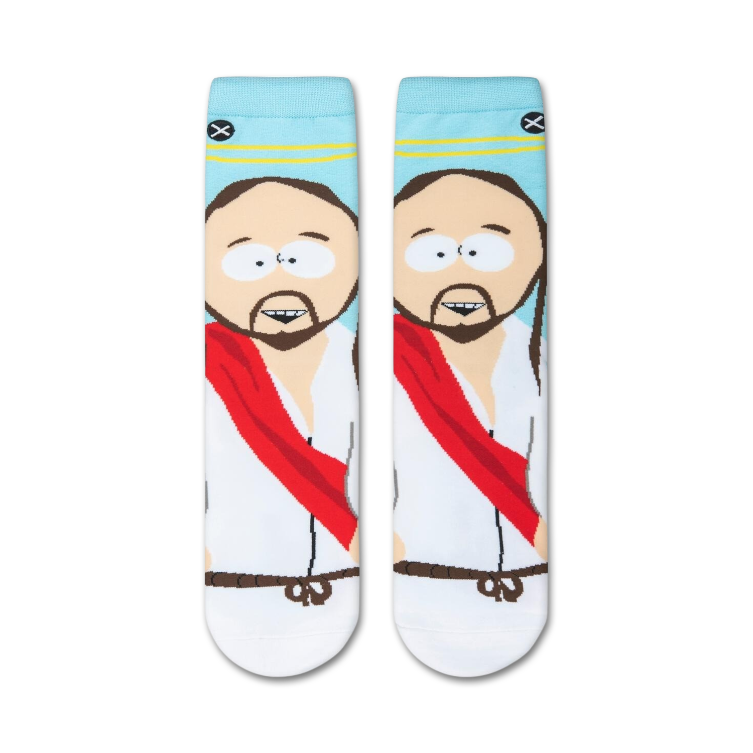 Close-up product shot of a pair of South Park Jesus socks, showcasing the detailed print and colors.