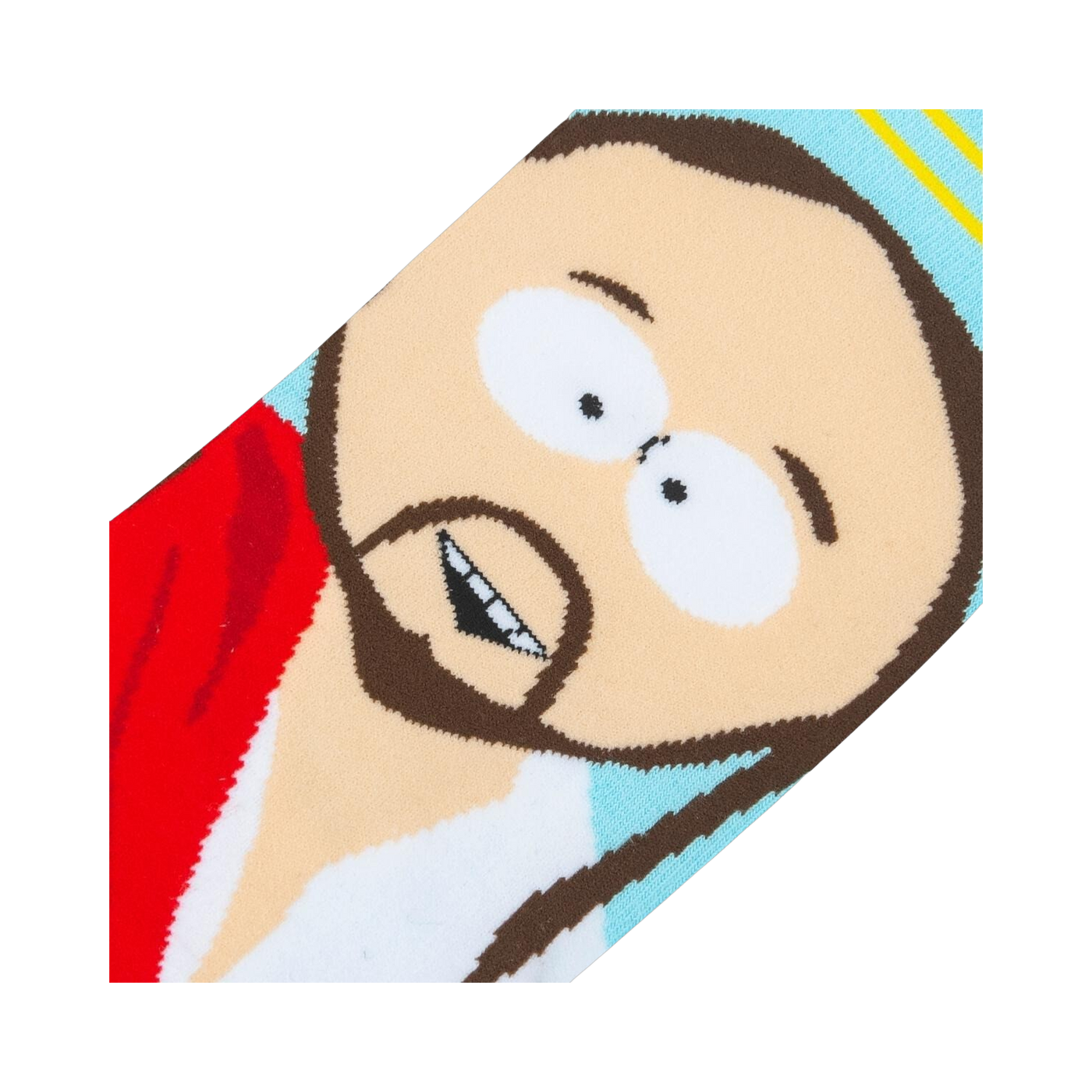 Detailed close-up of the South Park Jesus face on the sock; shows off the expression and fine details of the image.
