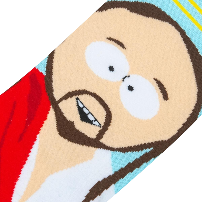 A pair of socks with a cartoon character from South Park on them. The character is Jesus.