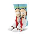 Pair of crew socks featuring South Park's Jesus.  Light blue background, white robe, red sash, and detailed facial features. 