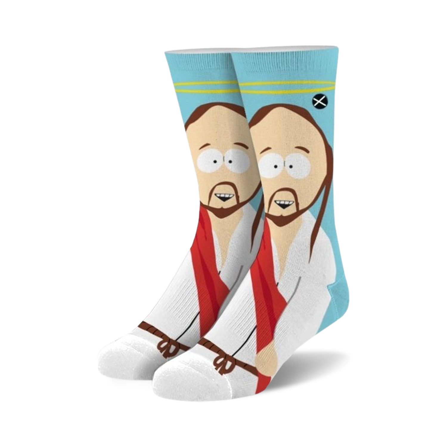 Pair of crew socks featuring South Park's Jesus.  Light blue background, white robe, red sash, and detailed facial features. 