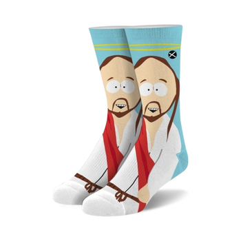 white crew socks with south park jesus pattern. for men and women.  