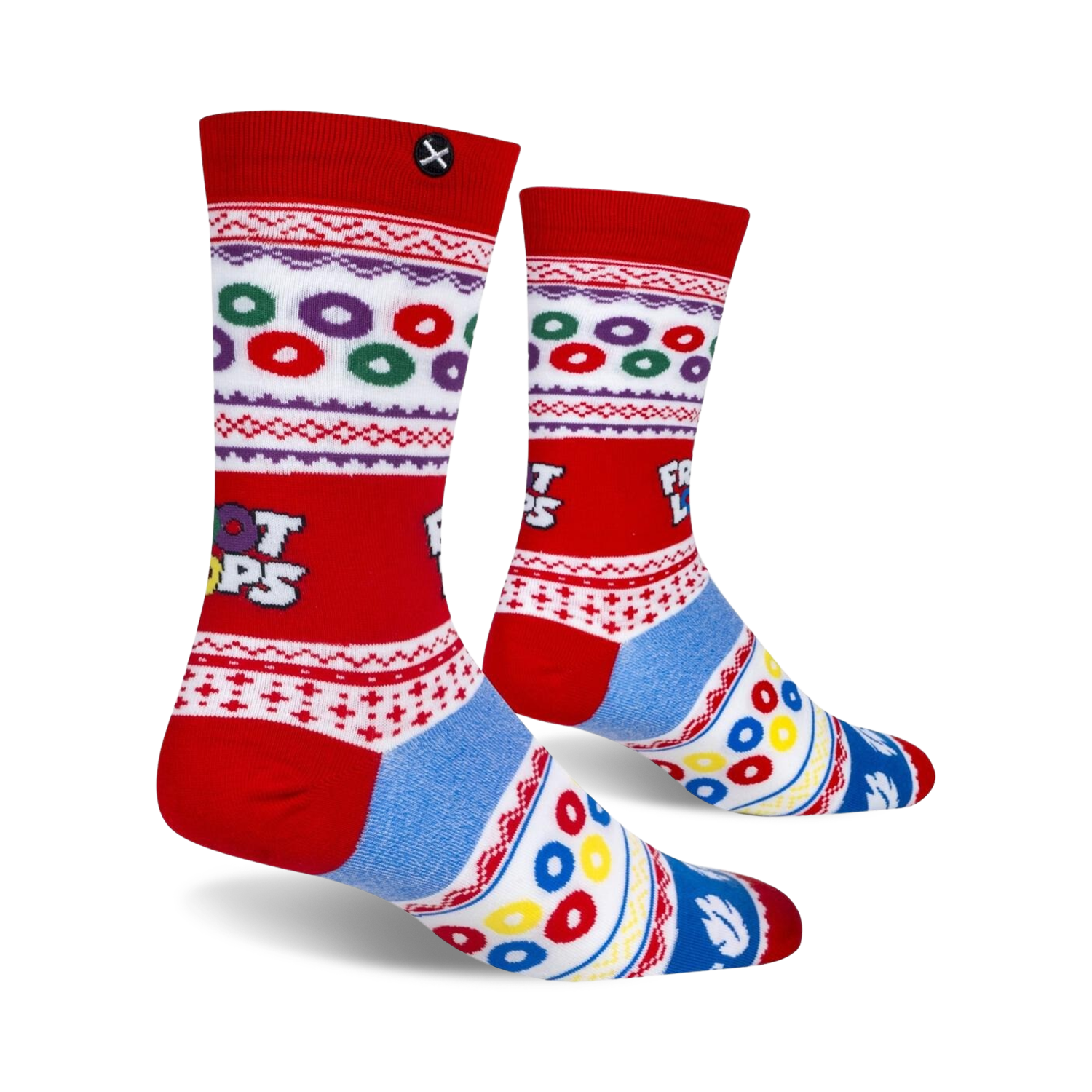 Close-up view of Froot Loops Ugly Sweater socks showcasing the design details and Froot Loops logo.