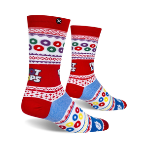 A pair of red socks with a pattern of multicolored fruit loops cereal and the word 