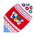 Flat lay showcasing a pair of Froot Loops Ugly Sweater socks against a white background.