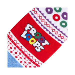 Flat lay showcasing a pair of Froot Loops Ugly Sweater socks against a white background.